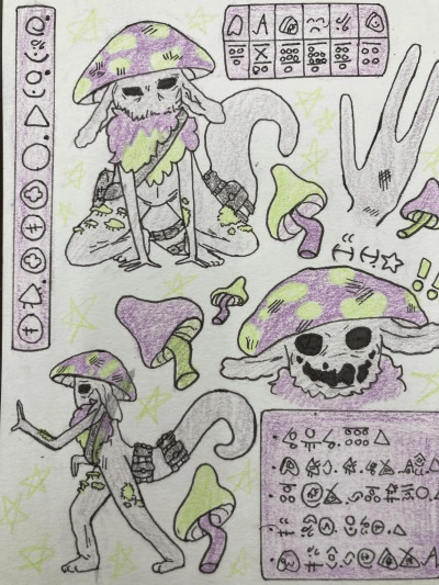 colection of messy drawings of a purple mushroom guy
