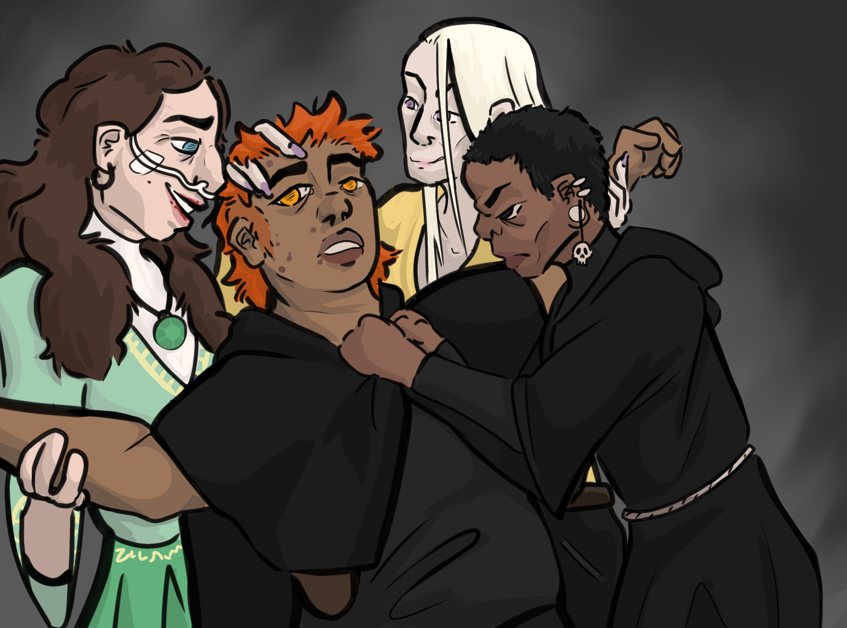 cytherea, ianthe, and harrow roughing up gideon a little. its the pose of thise weird homoerotic bullying stock photos