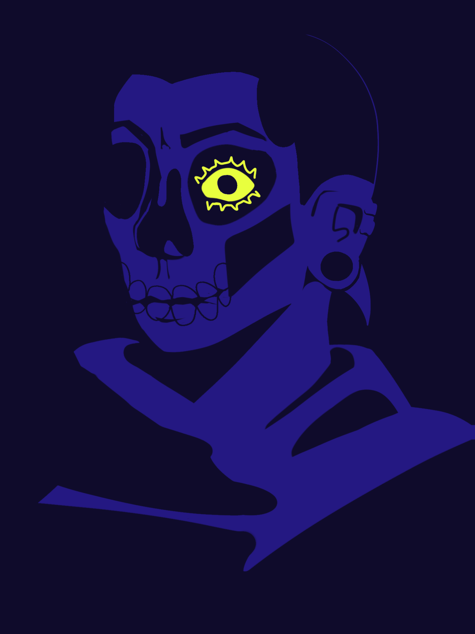 lineless, limited palette bust of harrow, using blue, dark blue, and yellow