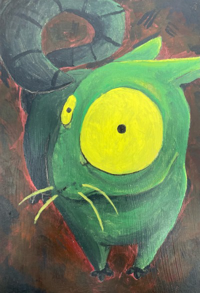 green rat on red background with wacky proportions made with acrylic paint. big yellow eye in the center of the piece staring at viewer.