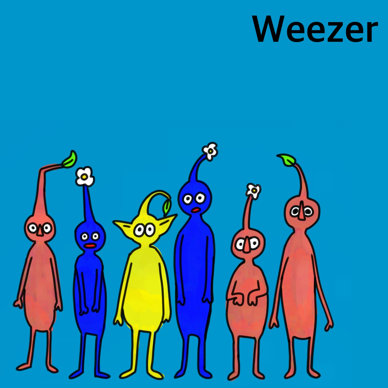 six pikmin (red, blue, yellow, blue, red, red) on weezer background. pikmin are of varying heights to represent me and my friends in our costumes.