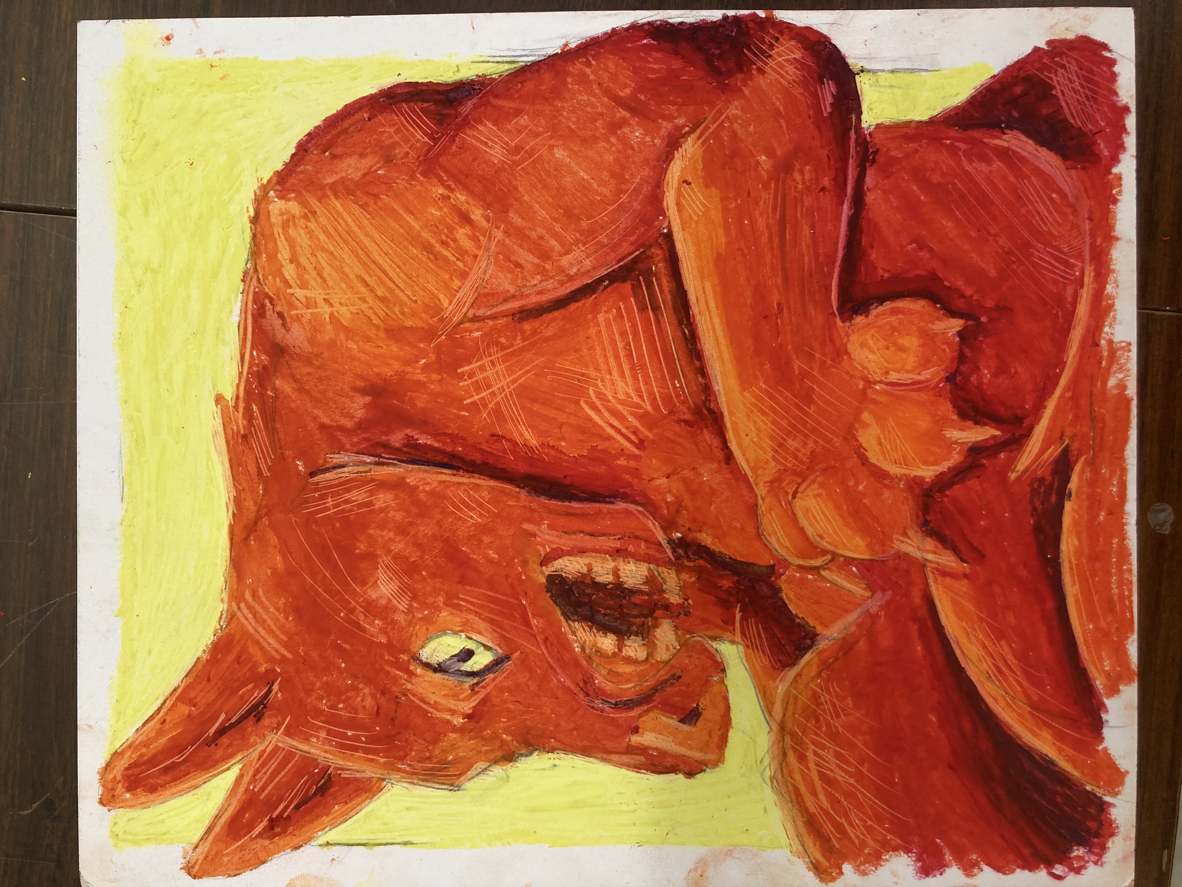 oil pastel of a werewolf in bright, warm colours. sort of graphic-y. the werewolf is struggling to fit within the frame of the piece and snarling